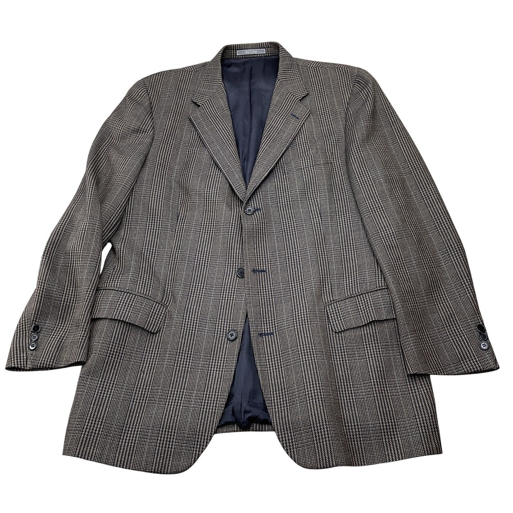 Talbots Blazer Men 44L Black Blue Tan Tweed Houndstooth Plaid Sport Jacket Italy